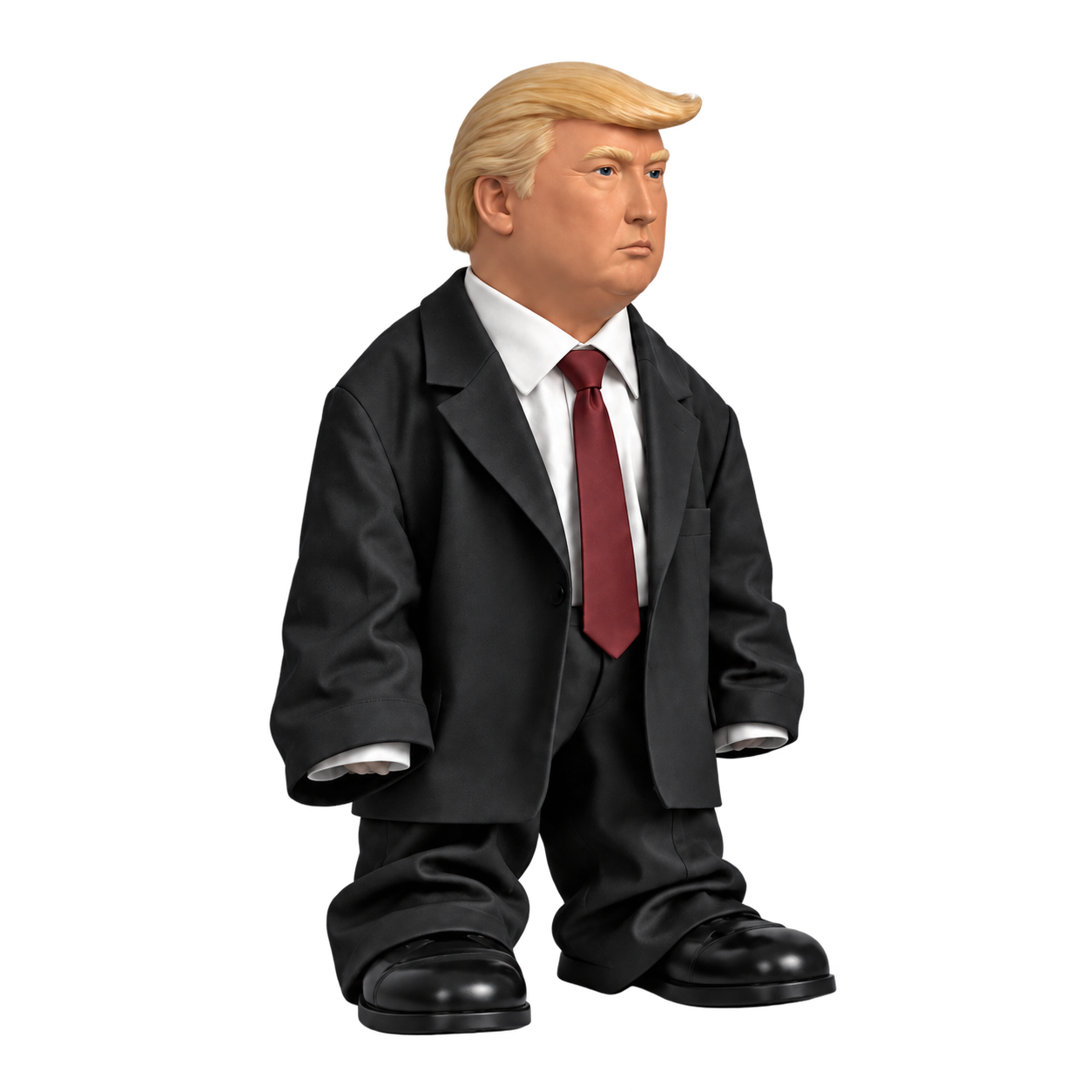 Short toy executive character in an oversized black suit and burgundy tie